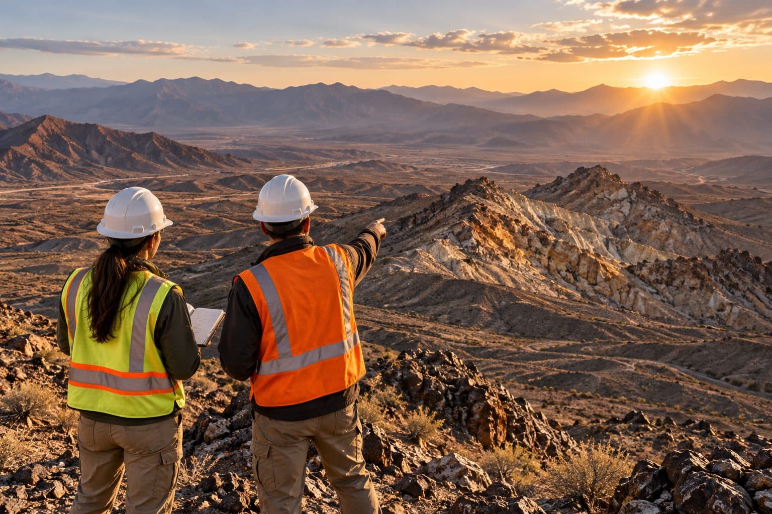 Two geologists in hard hats reviewing a desert outcrop