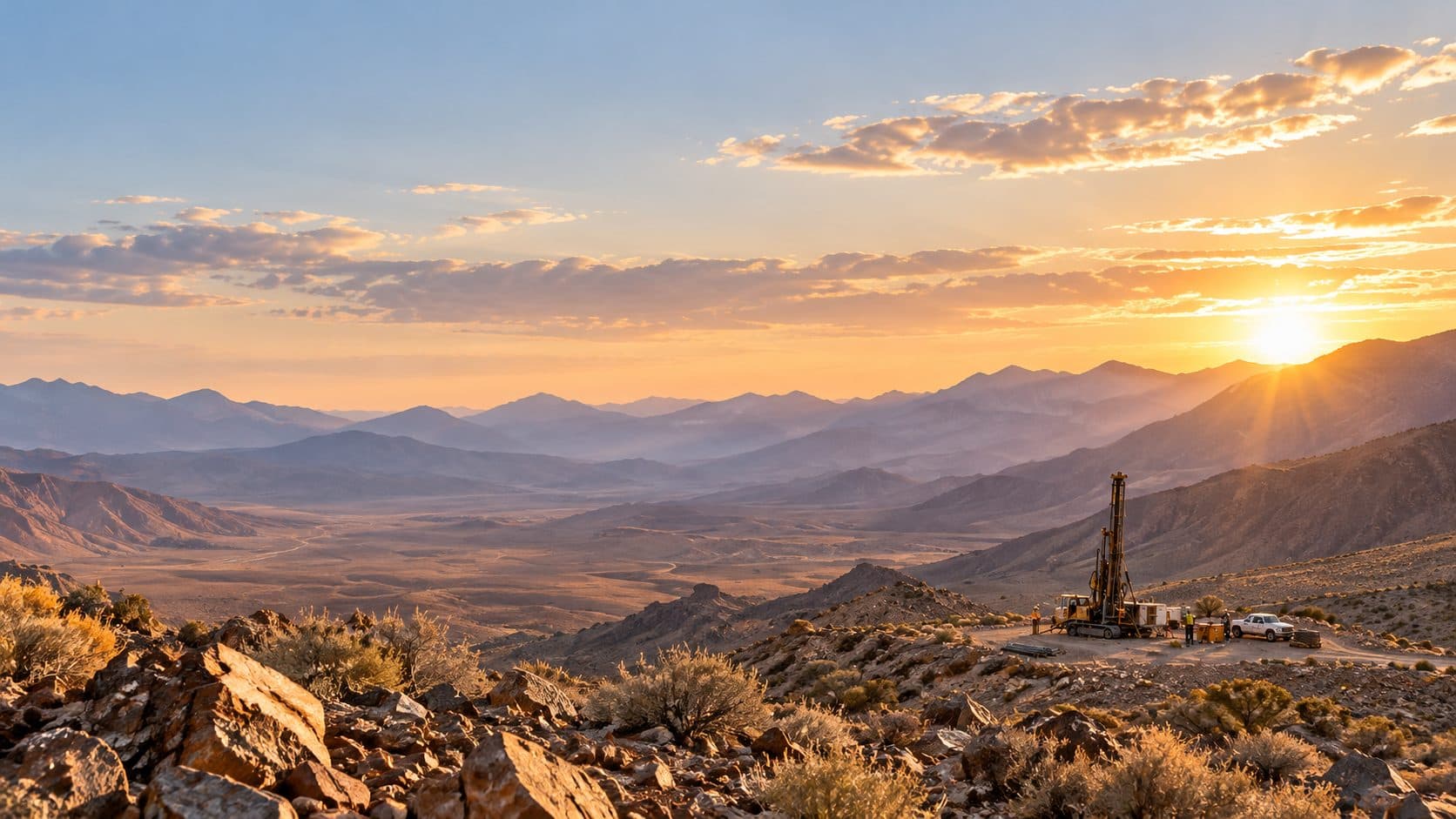 Exploration drill rig on a desert ridge at sunrise, Nevada mountain ranges beyond