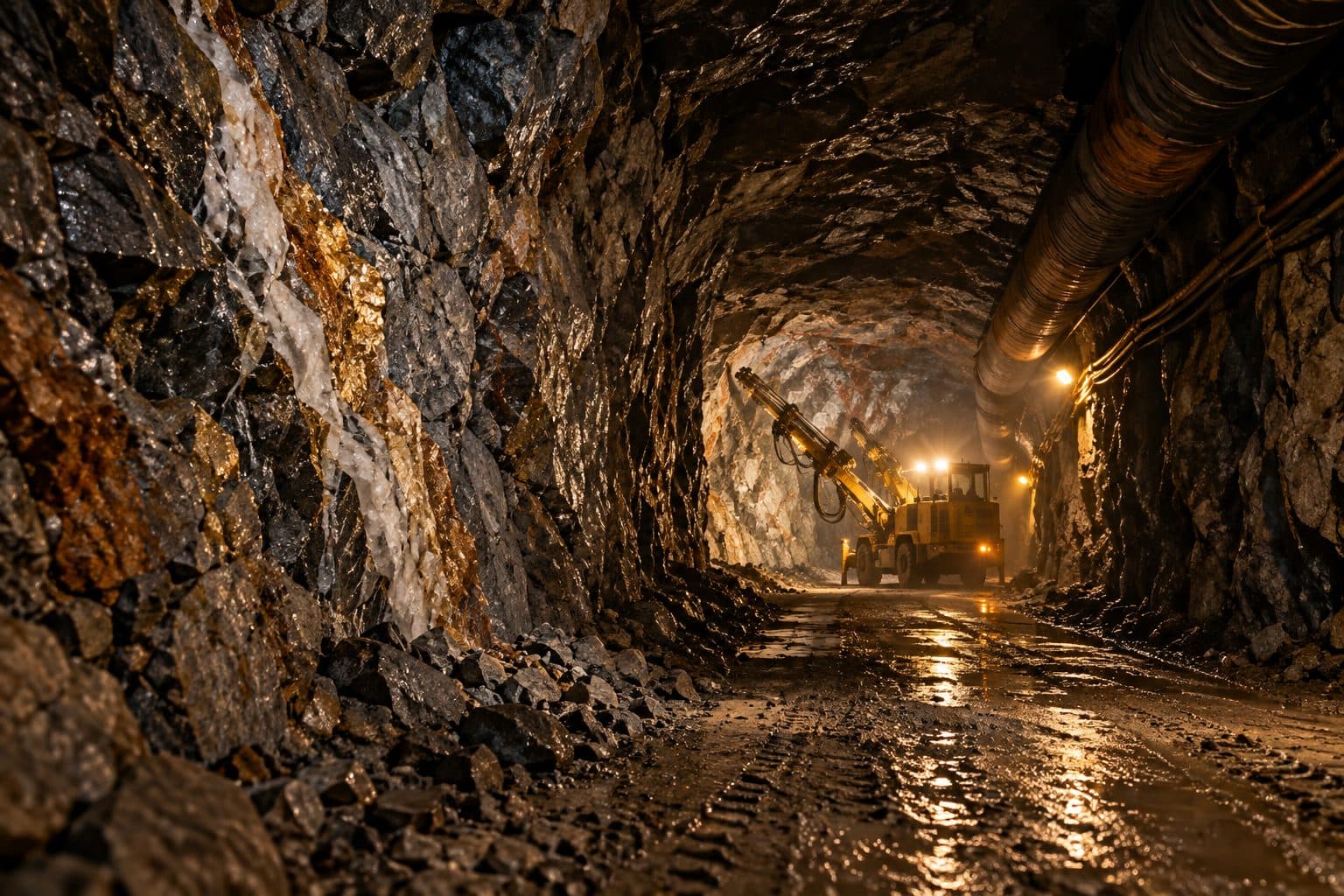 Underground hard-rock mine drift with a drill jumbo
